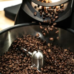 Ethiopian Heirloom coffee beans cooling in roaster tray, Desert Bloom natural process